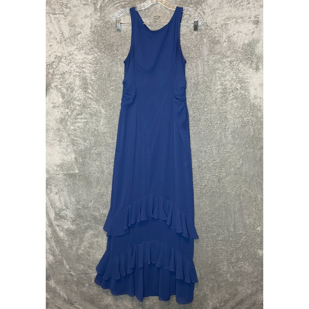 Lulus Women Lovely Arrival Maxi Dress S Dark Blue Chiffon Ruffled Keyhole Back‎